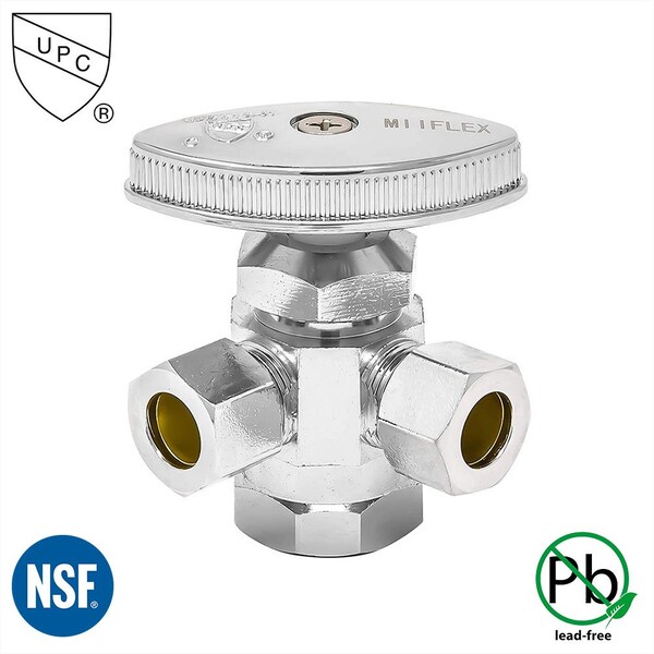 Thrifco Plumbing 1/2 Inch FIP x 1/2 Inch Slip Joint x 3/8 Inch Comp Multi Turn Brass Angle Stop 4405595 - main